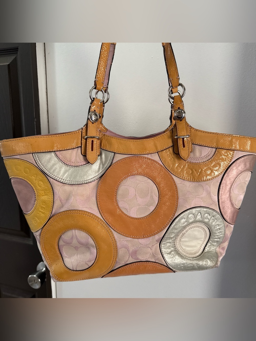 Coach Pink & Tan Patchwork Circle Tote with Metallic Accents
